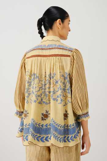 Shop_Cord_Beige Linen Smocking Button-down Neck Judy Bluebell Print Shirt 