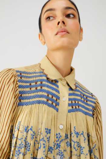 Cord_Beige Linen Smocking Button-down Neck Judy Bluebell Print Shirt _Online