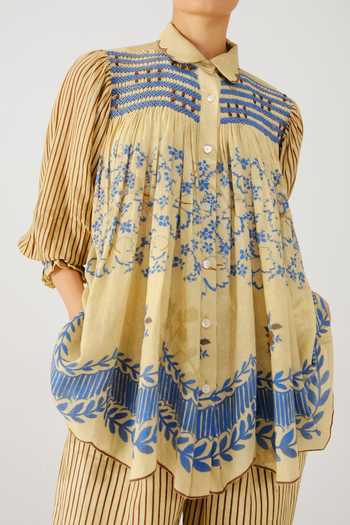 Buy_Cord_Beige Linen Smocking Button-down Neck Judy Bluebell Print Shirt _Online