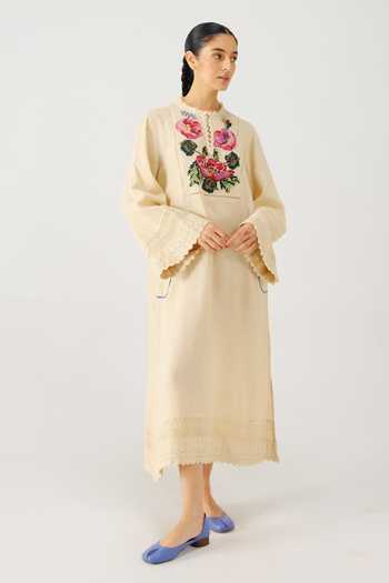 Cord_Ivory Linen Embroidery, Lace High Neck Jolene Rose Dress _Online_at_Aza_Fashions
