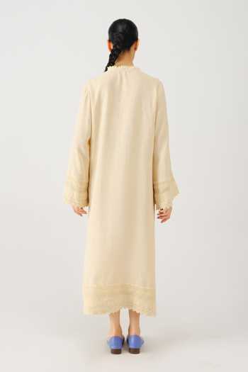 Shop_Cord_Ivory Linen Embroidery, Lace High Neck Jolene Rose Dress _at_Aza_Fashions