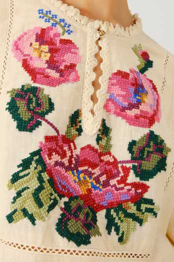 Shop_Cord_Ivory Linen Embroidery, Lace High Neck Jolene Rose Dress 