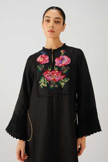 Cord_Black Linen Embroidery, Lace, Piping Keyhole Neck Jolene Rose Dress _Online_at_Aza_Fashions