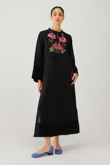 Buy_Cord_Black Linen Embroidery, Lace, Piping Keyhole Neck Jolene Rose Dress _at_Aza_Fashions