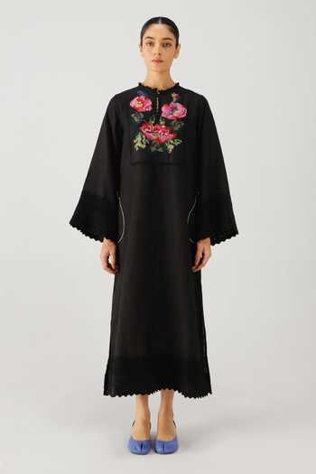 Shop_Cord_Black Linen Embroidery, Lace, Piping Keyhole Neck Jolene Rose Dress _at_Aza_Fashions