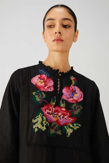 Buy_Cord_Black Linen Embroidery, Lace, Piping Keyhole Neck Jolene Rose Dress _Online_at_Aza_Fashions