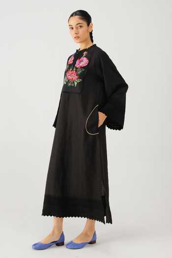 Shop_Cord_Black Linen Embroidery, Lace, Piping Keyhole Neck Jolene Rose Dress _Online_at_Aza_Fashions