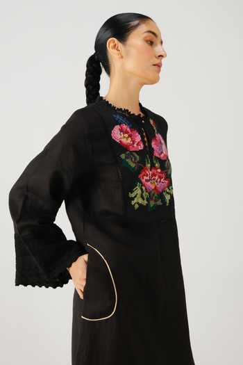 Cord_Black Linen Embroidery, Lace, Piping Keyhole Neck Jolene Rose Dress _at_Aza_Fashions