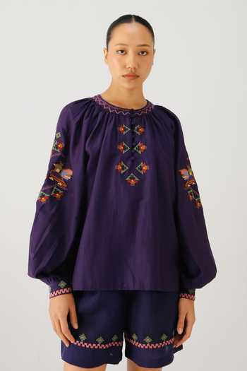 Buy_Cord_Purple Silk, Cotton Embroidery Round Neck Lido Folk Top _at_Aza_Fashions