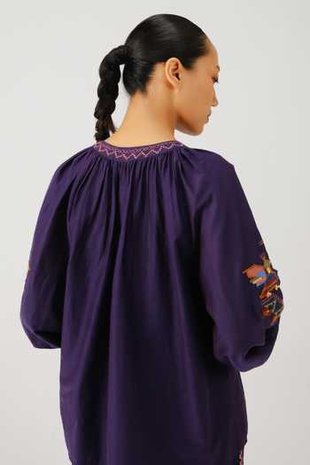 Shop_Cord_Purple Silk, Cotton Embroidery Round Neck Lido Folk Top _at_Aza_Fashions