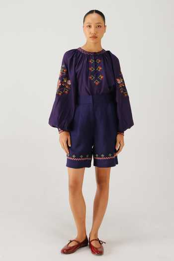 Shop_Cord_Purple Silk, Cotton, Linen Embroidery Lido Folk Top And Shorts Set _at_Aza_Fashions
