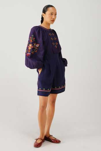 Buy_Cord_Purple Silk, Cotton, Linen Embroidery Lido Folk Top And Shorts Set _Online_at_Aza_Fashions