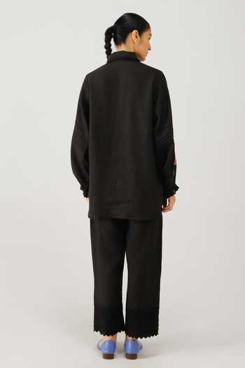 Shop_Cord_Black Linen Embroidery, Lace Peter Pan Collar Moira Pixel Shirt _at_Aza_Fashions