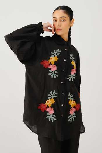 Buy_Cord_Black Linen Embroidery, Lace Peter Pan Collar Moira Pixel Shirt _at_Aza_Fashions