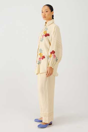 Cord_Ivory Linen Embroidery, Lace Peter Pan Collar Moira Pixel Shirt And Set _Online_at_Aza_Fashions
