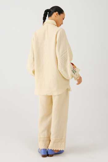 Shop_Cord_Ivory Linen Embroidery, Lace Peter Pan Collar Moira Pixel Shirt And Set _at_Aza_Fashions