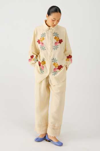 Buy_Cord_Ivory Linen Embroidery, Lace Peter Pan Collar Moira Pixel Shirt And Set _at_Aza_Fashions