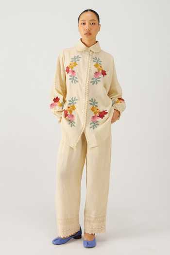 Buy_Cord_Ivory Linen Embroidery, Lace Peter Pan Collar Moira Pixel Shirt And Set _Online_at_Aza_Fashions