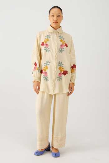 Shop_Cord_Ivory Linen Embroidery, Lace Peter Pan Collar Moira Pixel Shirt And Set _Online_at_Aza_Fashions