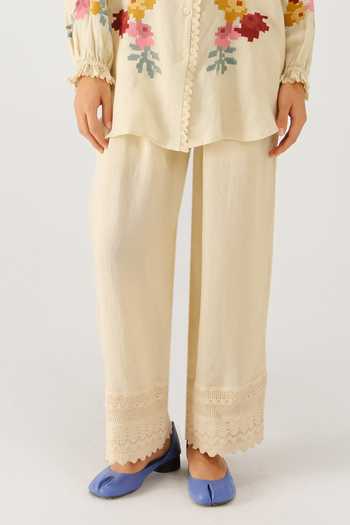 Cord_Ivory Linen Embroidery, Lace Peter Pan Collar Moira Pixel Shirt And Set _at_Aza_Fashions