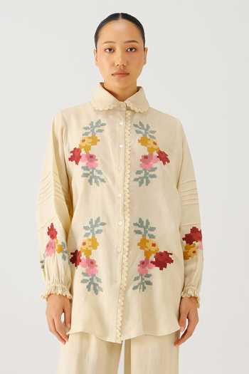 Buy_Cord_Ivory Linen Embroidery, Lace Peter Pan Collar Moira Pixel Shirt And Set 