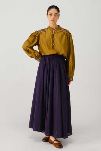 Cord_Green Silk, Cotton Embroidery Mandarin Collar Peasant Placement Top _Online_at_Aza_Fashions