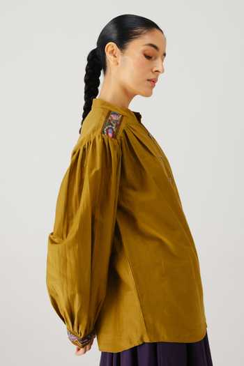 Shop_Cord_Green Silk, Cotton Embroidery Mandarin Collar Peasant Placement Top _Online_at_Aza_Fashions