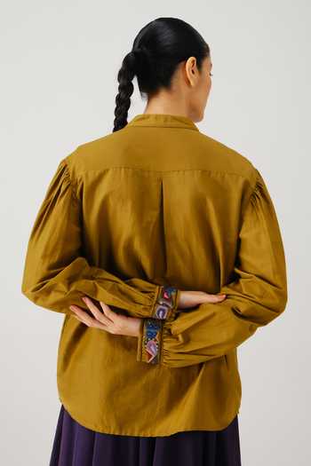Shop_Cord_Green Silk, Cotton Embroidery Mandarin Collar Peasant Placement Top _at_Aza_Fashions