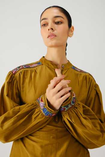 Cord_Green Silk, Cotton Embroidery Mandarin Collar Peasant Placement Top _at_Aza_Fashions