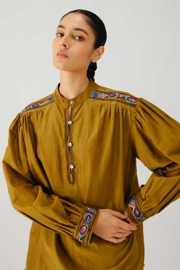 Buy_Cord_Green Silk, Cotton Embroidery Mandarin Collar Peasant Placement Top 