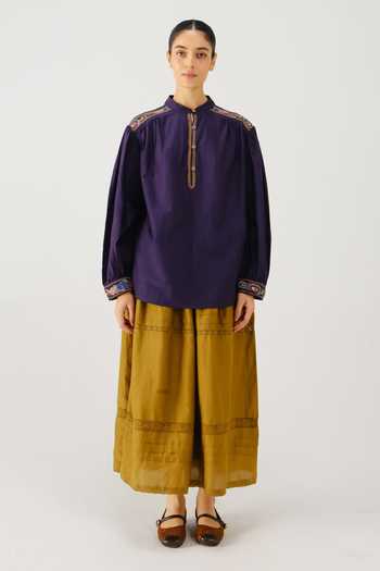 Cord_Purple Silk, Cotton Embroidery Mandarin Collar Peasant Placement Top _Online_at_Aza_Fashions