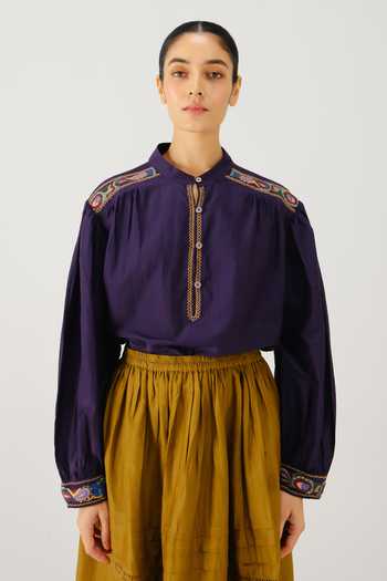 Buy_Cord_Purple Silk, Cotton Embroidery Mandarin Collar Peasant Placement Top _at_Aza_Fashions