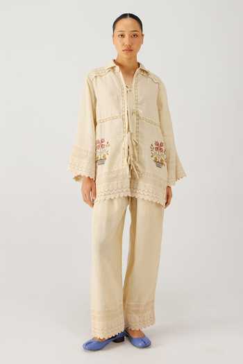 Buy_Cord_Ivory Linen Embroidery, Lace Collared Vase Shirt And Pant Set _at_Aza_Fashions