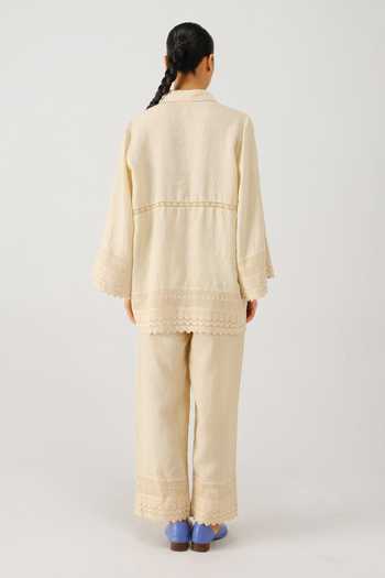 Shop_Cord_Ivory Linen Embroidery, Lace Collared Vase Shirt And Pant Set _at_Aza_Fashions