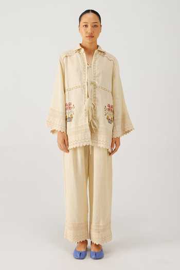 Cord_Ivory Linen Embroidery, Lace Collared Vase Shirt And Pant Set _Online_at_Aza_Fashions