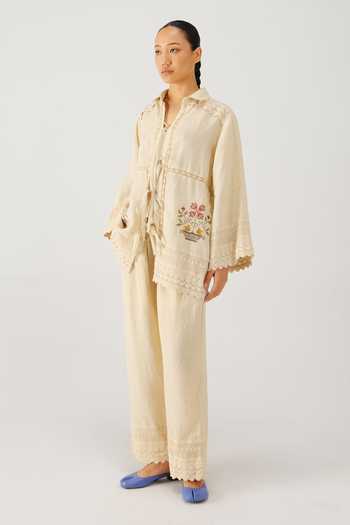 Buy_Cord_Ivory Linen Embroidery, Lace Collared Vase Shirt And Pant Set _Online_at_Aza_Fashions