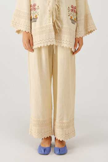 Shop_Cord_Ivory Linen Embroidery, Lace Collared Vase Shirt And Pant Set _Online_at_Aza_Fashions
