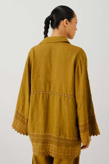 Shop_Cord_Olive Green Linen Embroidery, Lace Collared Parrot Placement Shirt _at_Aza_Fashions
