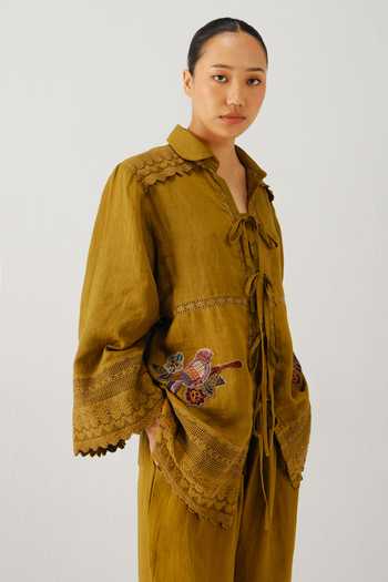 Buy_Cord_Olive Green Linen Embroidery, Lace Collared Parrot Placement Shirt _Online_at_Aza_Fashions