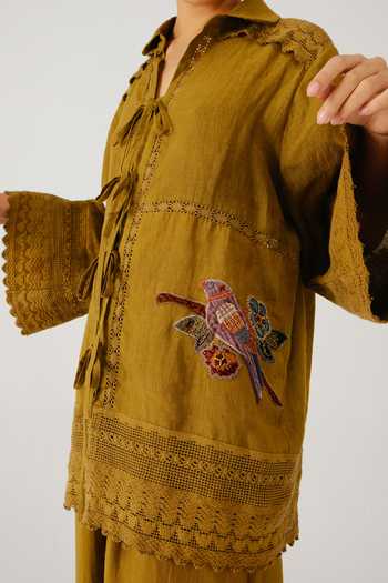 Cord_Olive Green Linen Embroidery, Lace Collared Parrot Placement Shirt _at_Aza_Fashions
