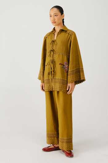 Cord_Green Linen Embroidery, Lace Collared Parrot Placement Shirt And Pant Set _Online_at_Aza_Fashions