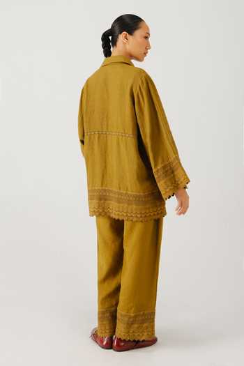 Shop_Cord_Green Linen Embroidery, Lace Collared Parrot Placement Shirt And Pant Set _at_Aza_Fashions