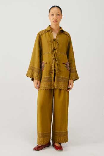 Buy_Cord_Green Linen Embroidery, Lace Collared Parrot Placement Shirt And Pant Set _at_Aza_Fashions