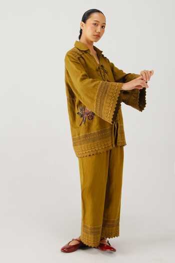 Buy_Cord_Green Linen Embroidery, Lace Collared Parrot Placement Shirt And Pant Set _Online_at_Aza_Fashions