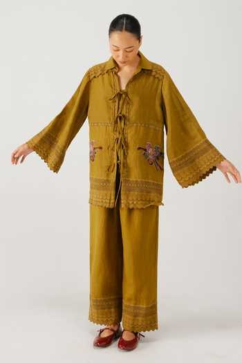 Shop_Cord_Green Linen Embroidery, Lace Collared Parrot Placement Shirt And Pant Set _Online_at_Aza_Fashions