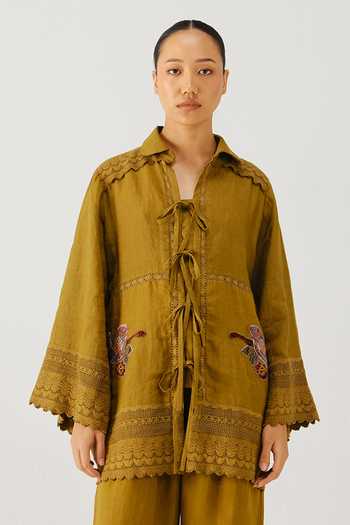Cord_Green Linen Embroidery, Lace Collared Parrot Placement Shirt And Pant Set _at_Aza_Fashions