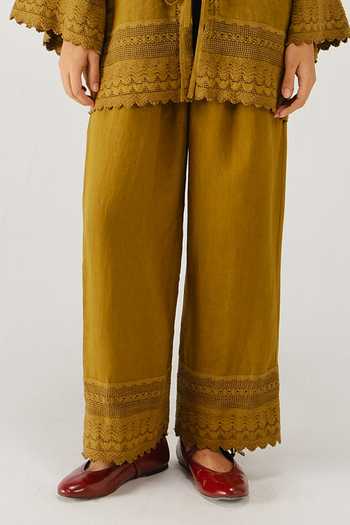 Buy_Cord_Green Linen Embroidery, Lace Collared Parrot Placement Shirt And Pant Set 