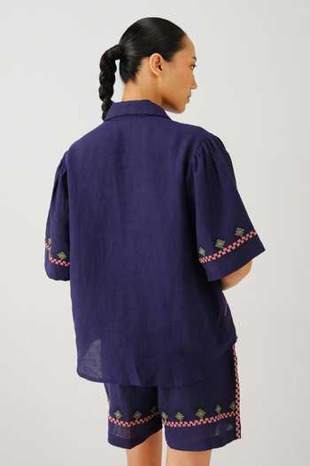 Shop_Cord_Blue Linen Embroidery Button-down Neck Victorian Folk Shirt _at_Aza_Fashions