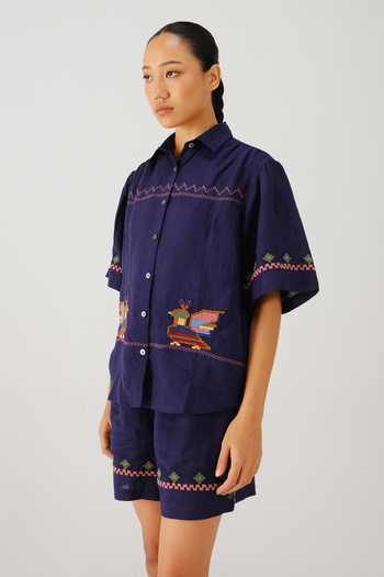 Cord_Blue Linen Embroidery Button-down Neck Victorian Folk Shirt _Online_at_Aza_Fashions