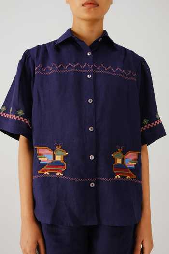 Buy_Cord_Blue Linen Embroidery Button-down Neck Victorian Folk Shirt _Online_at_Aza_Fashions